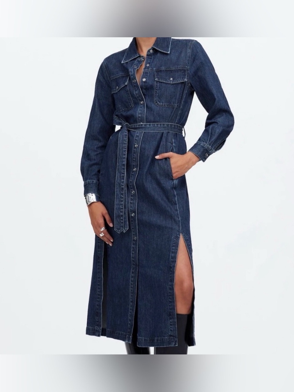 MADEWELL L Denim Tie-Waist Midi Shirtdress in Avenida Wash NT566